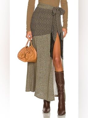 REVOLVE x House of Harlow 1960 Olive and Tan Patterned Wrap Maxi Skirt